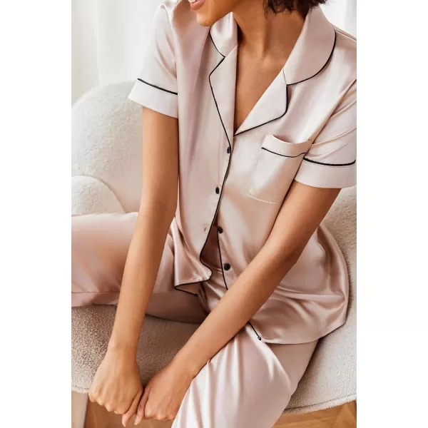 Ekouaer Silk Satin Pajamas Set Women Short Sleeve Sleepwear Soft Button Down Loungewear Pjs SetChampagne