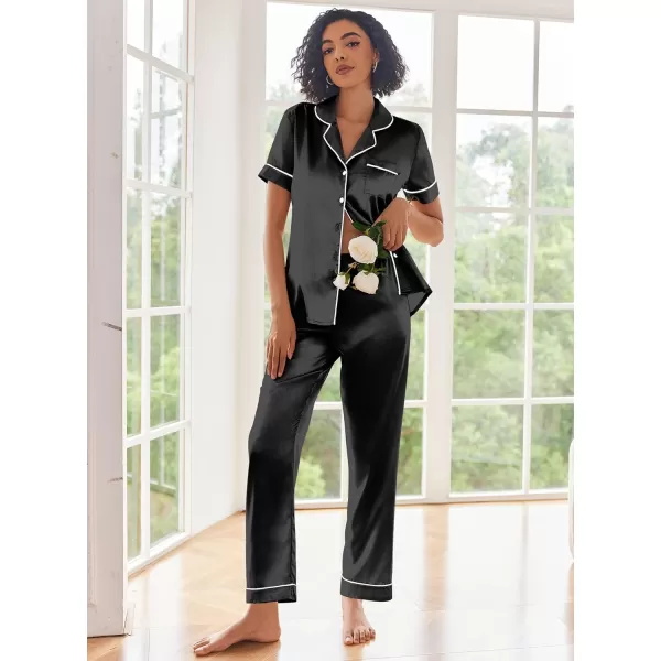 Ekouaer Silk Satin Pajamas Set Women Short Sleeve Sleepwear Soft Button Down Loungewear Pjs SetDark Black