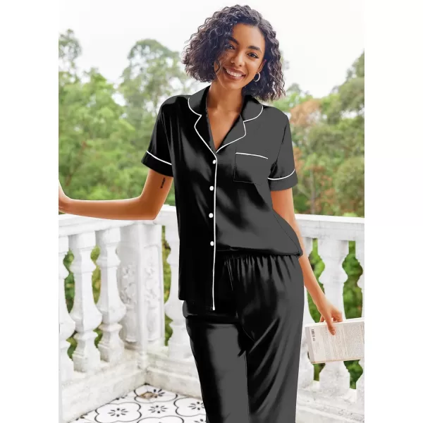 Ekouaer Silk Satin Pajamas Set Women Short Sleeve Sleepwear Soft Button Down Loungewear Pjs SetDark Black