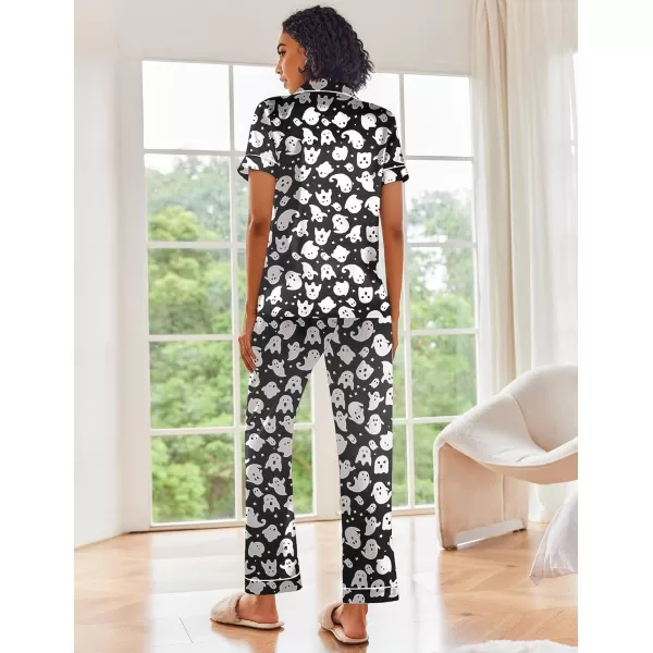 Ekouaer Silk Satin Pajamas Set Women Short Sleeve Sleepwear Soft Button Down Loungewear Pjs SetGhost Print