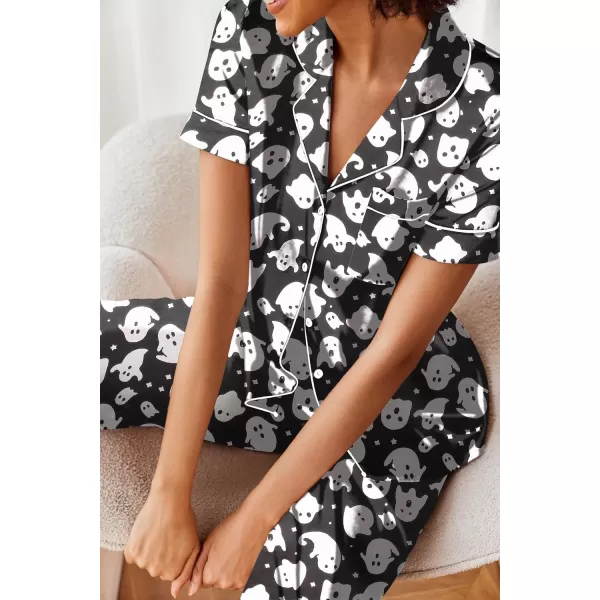 Ekouaer Silk Satin Pajamas Set Women Short Sleeve Sleepwear Soft Button Down Loungewear Pjs SetGhost Print