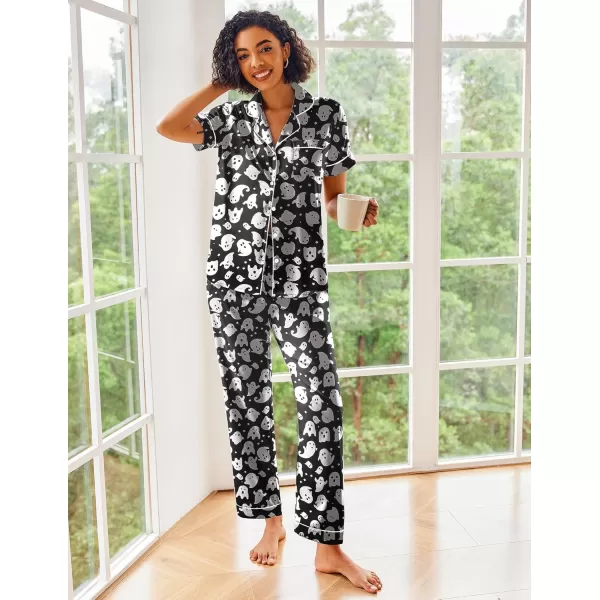 Ekouaer Silk Satin Pajamas Set Women Short Sleeve Sleepwear Soft Button Down Loungewear Pjs SetGhost Print