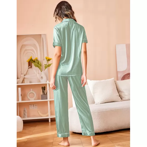 Ekouaer Silk Satin Pajamas Set Women Short Sleeve Sleepwear Soft Button Down Loungewear Pjs SetGossamer Green