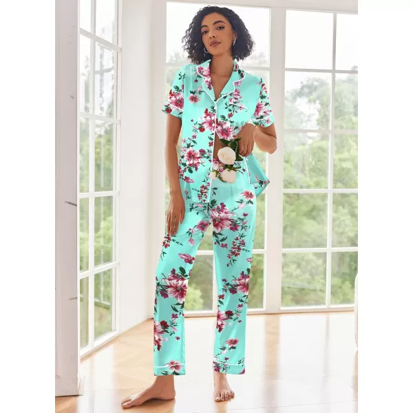 Ekouaer Silk Satin Pajamas Set Women Short Sleeve Sleepwear Soft Button Down Loungewear Pjs SetGreen Flower