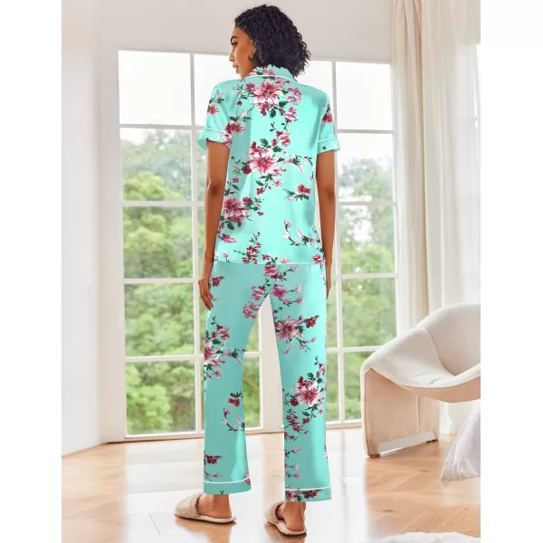 Ekouaer Silk Satin Pajamas Set Women Short Sleeve Sleepwear Soft Button Down Loungewear Pjs SetGreen Flower