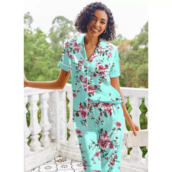 Ekouaer Silk Satin Pajamas Set Women Short Sleeve Sleepwear Soft Button Down Loungewear Pjs SetGreen Flower