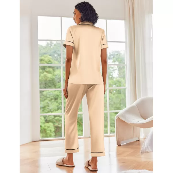 Ekouaer Silk Satin Pajamas Set Women Short Sleeve Sleepwear Soft Button Down Loungewear Pjs SetKhaki