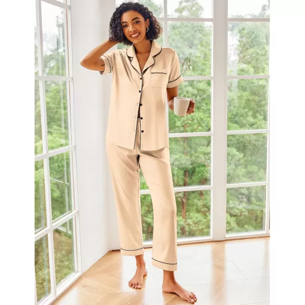 Ekouaer Silk Satin Pajamas Set Women Short Sleeve Sleepwear Soft Button Down Loungewear Pjs SetKhaki