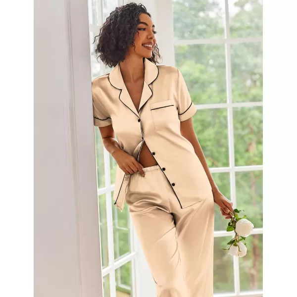 Ekouaer Silk Satin Pajamas Set Women Short Sleeve Sleepwear Soft Button Down Loungewear Pjs SetKhaki