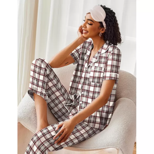 Ekouaer Silk Satin Pajamas Set Women Short Sleeve Sleepwear Soft Button Down Loungewear Pjs SetKhaki Black Plaid