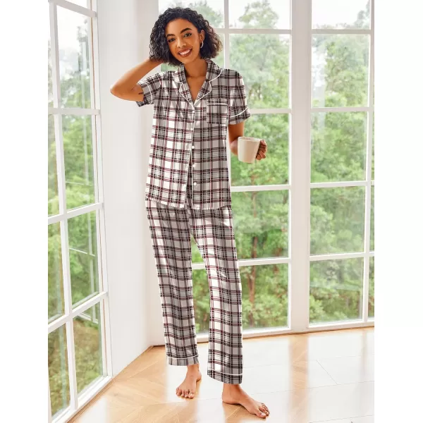 Ekouaer Silk Satin Pajamas Set Women Short Sleeve Sleepwear Soft Button Down Loungewear Pjs SetKhaki Black Plaid