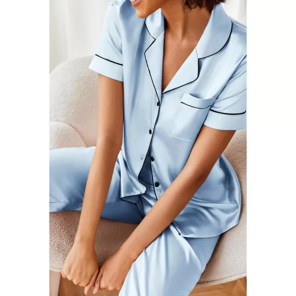 Ekouaer Silk Satin Pajamas Set Women Short Sleeve Sleepwear Soft Button Down Loungewear Pjs SetLight Blue