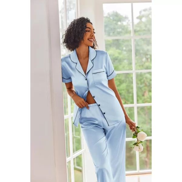 Ekouaer Silk Satin Pajamas Set Women Short Sleeve Sleepwear Soft Button Down Loungewear Pjs SetLight Blue