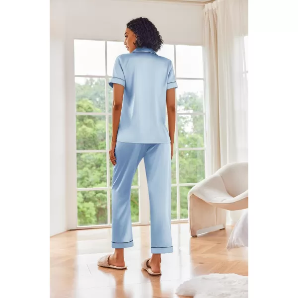 Ekouaer Silk Satin Pajamas Set Women Short Sleeve Sleepwear Soft Button Down Loungewear Pjs SetLight Blue