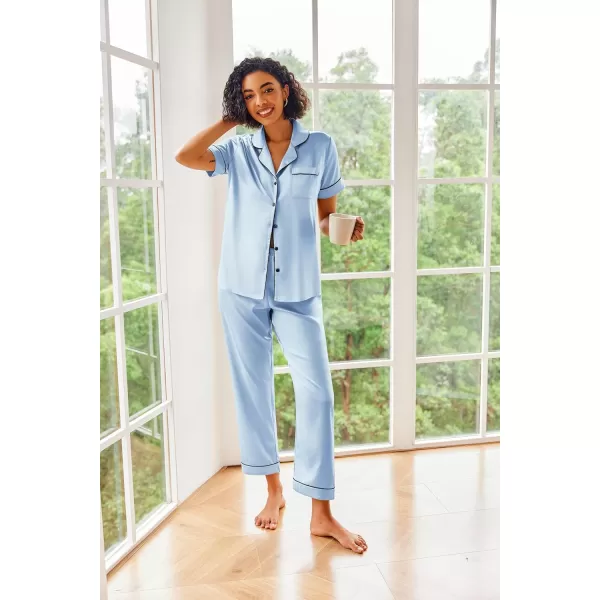 Ekouaer Silk Satin Pajamas Set Women Short Sleeve Sleepwear Soft Button Down Loungewear Pjs SetLight Blue