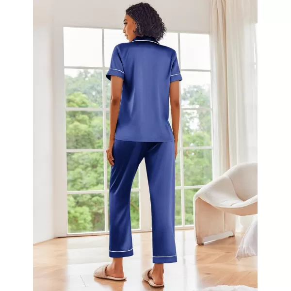 Ekouaer Silk Satin Pajamas Set Women Short Sleeve Sleepwear Soft Button Down Loungewear Pjs SetNavy Blue