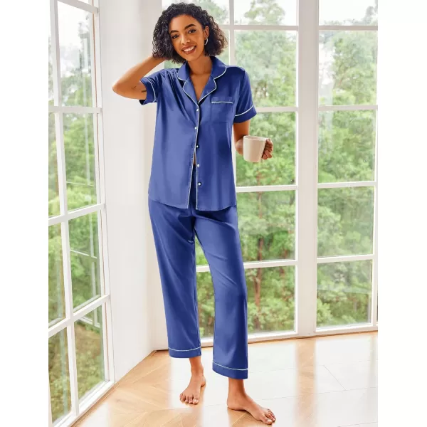 Ekouaer Silk Satin Pajamas Set Women Short Sleeve Sleepwear Soft Button Down Loungewear Pjs SetNavy Blue