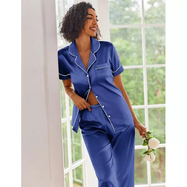 Ekouaer Silk Satin Pajamas Set Women Short Sleeve Sleepwear Soft Button Down Loungewear Pjs SetNavy Blue