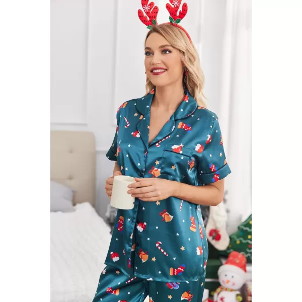 Ekouaer Silk Satin Pajamas Set Women Short Sleeve Sleepwear Soft Button Down Loungewear Pjs SetPat1