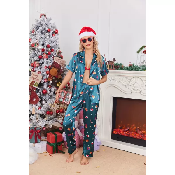 Ekouaer Silk Satin Pajamas Set Women Short Sleeve Sleepwear Soft Button Down Loungewear Pjs SetPat1