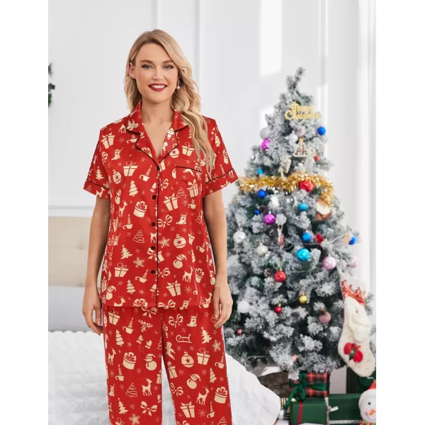 Ekouaer Silk Satin Pajamas Set Women Short Sleeve Sleepwear Soft Button Down Loungewear Pjs SetPat2