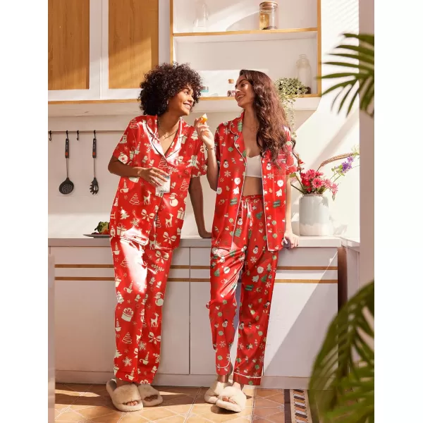 Ekouaer Silk Satin Pajamas Set Women Short Sleeve Sleepwear Soft Button Down Loungewear Pjs SetPat2