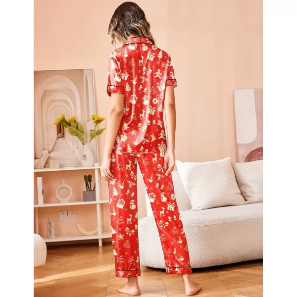 Ekouaer Silk Satin Pajamas Set Women Short Sleeve Sleepwear Soft Button Down Loungewear Pjs SetPat2