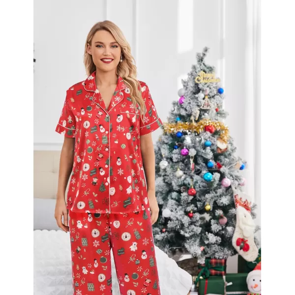 Ekouaer Silk Satin Pajamas Set Women Short Sleeve Sleepwear Soft Button Down Loungewear Pjs SetPat3