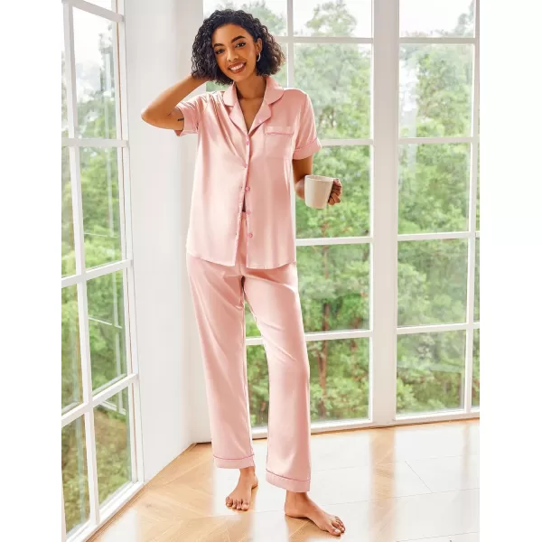 Ekouaer Silk Satin Pajamas Set Women Short Sleeve Sleepwear Soft Button Down Loungewear Pjs SetPink