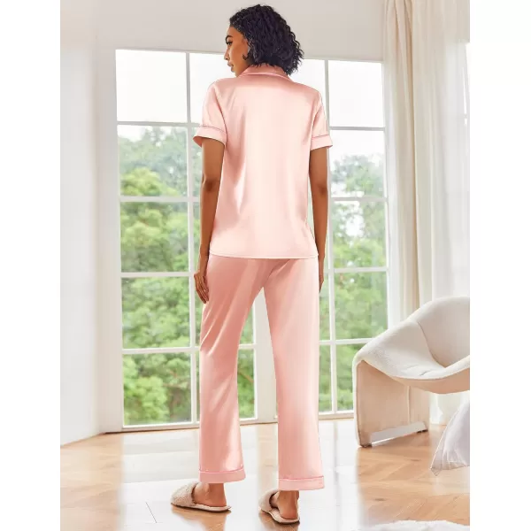 Ekouaer Silk Satin Pajamas Set Women Short Sleeve Sleepwear Soft Button Down Loungewear Pjs SetPink