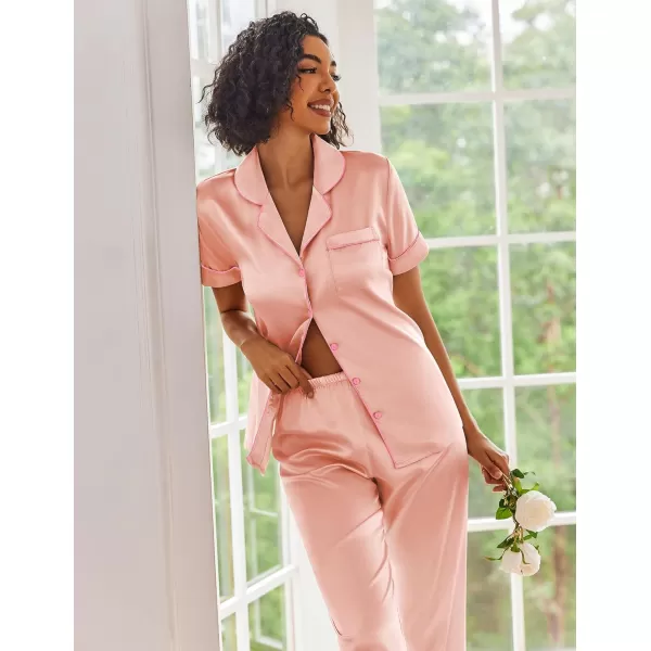 Ekouaer Silk Satin Pajamas Set Women Short Sleeve Sleepwear Soft Button Down Loungewear Pjs SetPink