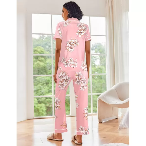 Ekouaer Silk Satin Pajamas Set Women Short Sleeve Sleepwear Soft Button Down Loungewear Pjs SetPink Flower