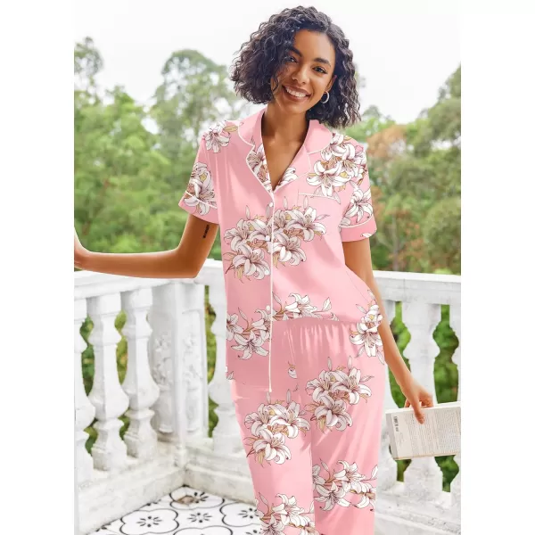 Ekouaer Silk Satin Pajamas Set Women Short Sleeve Sleepwear Soft Button Down Loungewear Pjs SetPink Flower