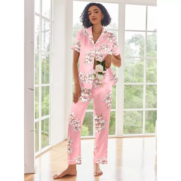 Ekouaer Silk Satin Pajamas Set Women Short Sleeve Sleepwear Soft Button Down Loungewear Pjs SetPink Flower