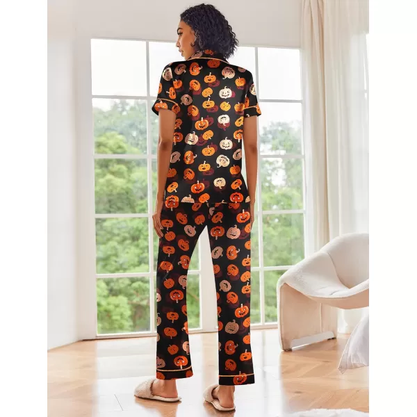 Ekouaer Silk Satin Pajamas Set Women Short Sleeve Sleepwear Soft Button Down Loungewear Pjs SetPumpkin Print