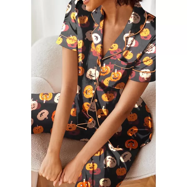 Ekouaer Silk Satin Pajamas Set Women Short Sleeve Sleepwear Soft Button Down Loungewear Pjs SetPumpkin Print