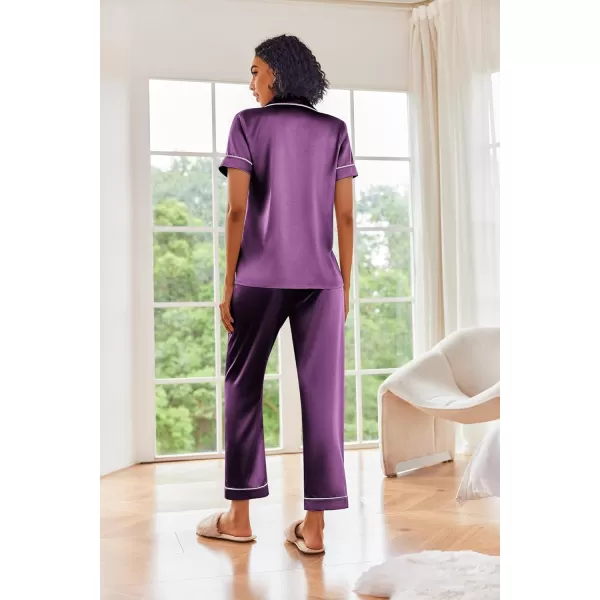 Ekouaer Silk Satin Pajamas Set Women Short Sleeve Sleepwear Soft Button Down Loungewear Pjs SetPurple Wine