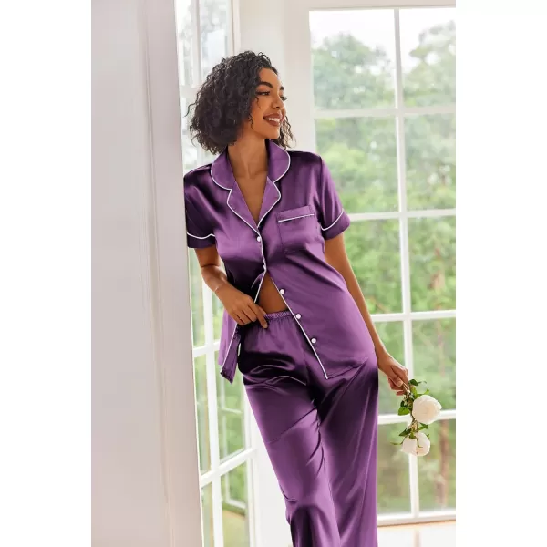 Ekouaer Silk Satin Pajamas Set Women Short Sleeve Sleepwear Soft Button Down Loungewear Pjs SetPurple Wine