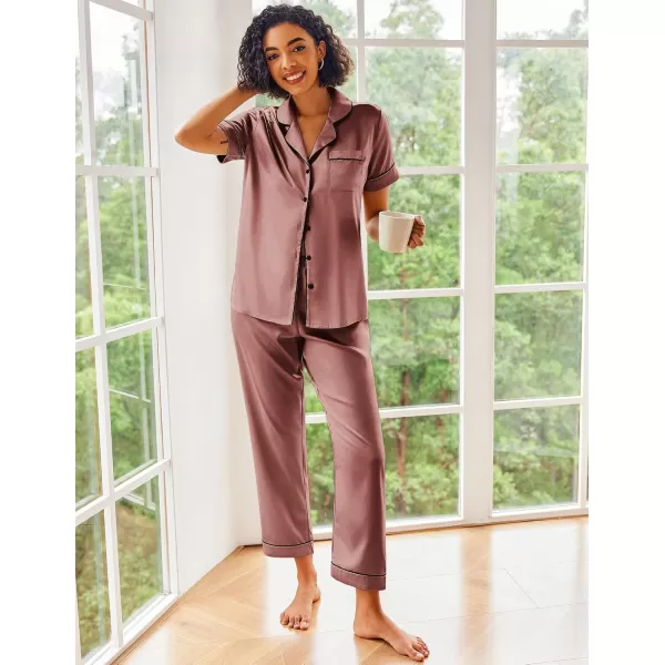 Ekouaer Silk Satin Pajamas Set Women Short Sleeve Sleepwear Soft Button Down Loungewear Pjs SetRaisin Color