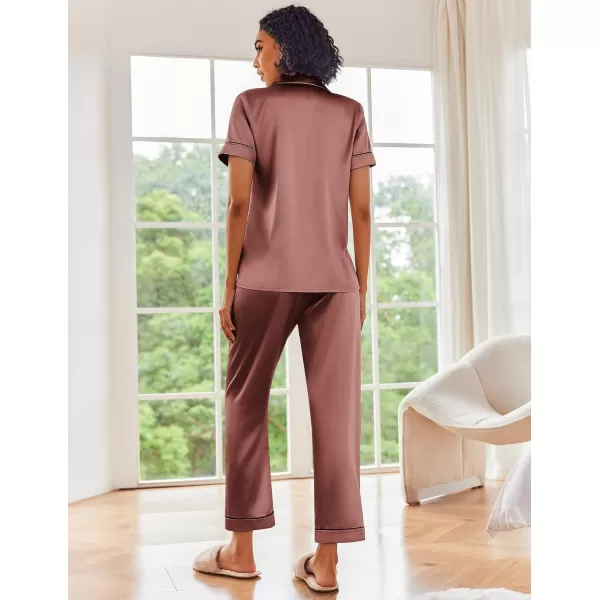 Ekouaer Silk Satin Pajamas Set Women Short Sleeve Sleepwear Soft Button Down Loungewear Pjs SetRaisin Color