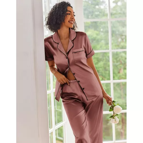 Ekouaer Silk Satin Pajamas Set Women Short Sleeve Sleepwear Soft Button Down Loungewear Pjs SetRaisin Color