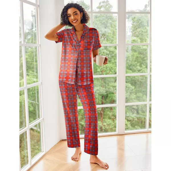 Ekouaer Silk Satin Pajamas Set Women Short Sleeve Sleepwear Soft Button Down Loungewear Pjs SetRed Green Plaid