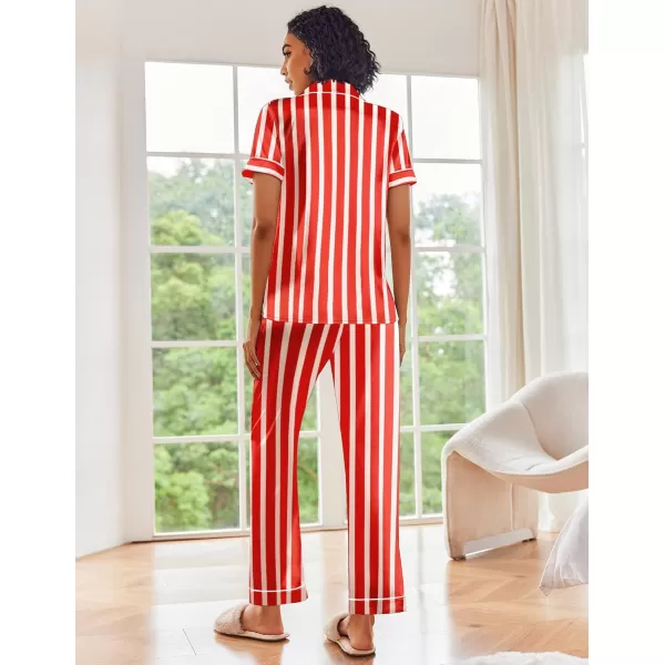 Ekouaer Silk Satin Pajamas Set Women Short Sleeve Sleepwear Soft Button Down Loungewear Pjs SetRed and White Stripes