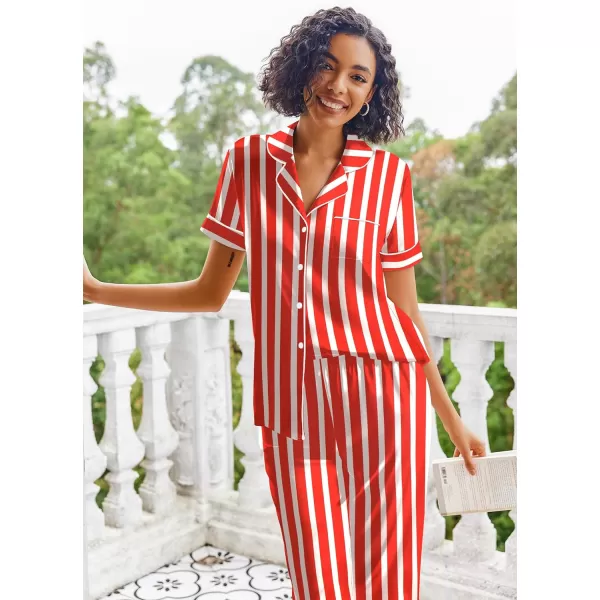 Ekouaer Silk Satin Pajamas Set Women Short Sleeve Sleepwear Soft Button Down Loungewear Pjs SetRed and White Stripes