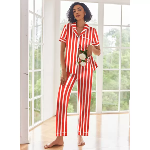 Ekouaer Silk Satin Pajamas Set Women Short Sleeve Sleepwear Soft Button Down Loungewear Pjs SetRed and White Stripes