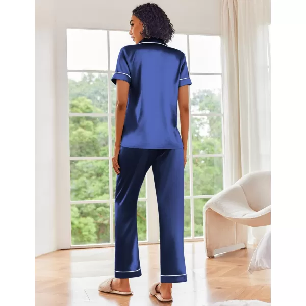 Ekouaer Silk Satin Pajamas Set Women Short Sleeve Sleepwear Soft Button Down Loungewear Pjs SetSapphire Blue