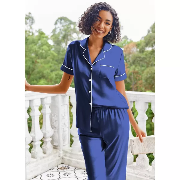 Ekouaer Silk Satin Pajamas Set Women Short Sleeve Sleepwear Soft Button Down Loungewear Pjs SetSapphire Blue