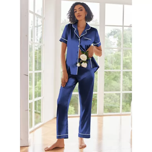 Ekouaer Silk Satin Pajamas Set Women Short Sleeve Sleepwear Soft Button Down Loungewear Pjs SetSapphire Blue