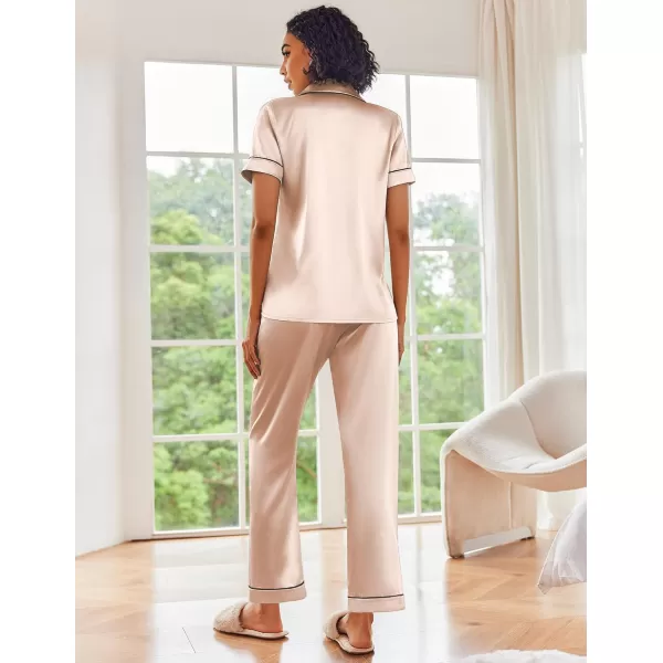 Ekouaer Silk Satin Pajamas Set Women Short Sleeve Sleepwear Soft Button Down Loungewear Pjs SetVanilla Cream