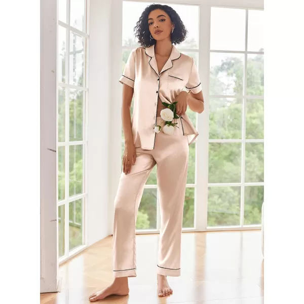 Ekouaer Silk Satin Pajamas Set Women Short Sleeve Sleepwear Soft Button Down Loungewear Pjs SetVanilla Cream